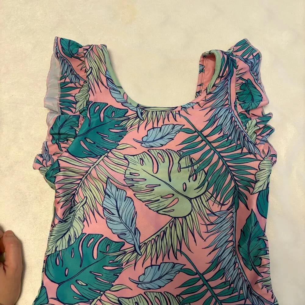 Boardies Apparel Pink Green Leafy Tropical One Piece Ruffle SZ 10-11 Scoop Neck